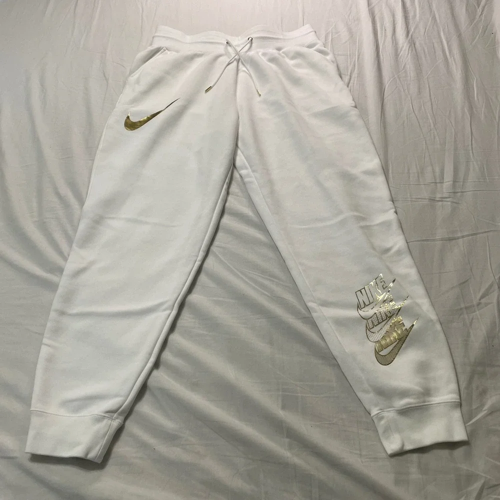 Nike Joggers Womens L White Gold‎ Metallic Sportswear Fleece Sweatpants Logo